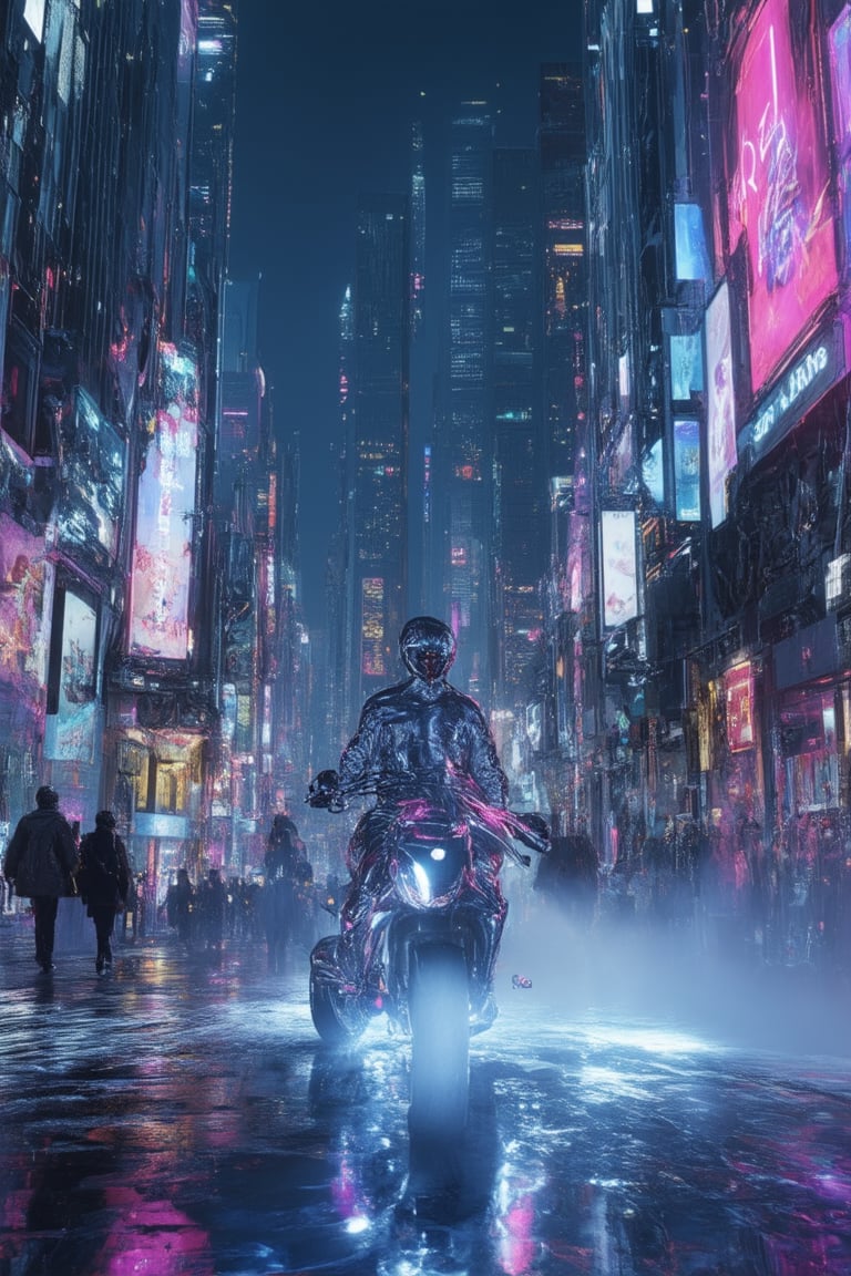 A futuristic cityscape at dusk, with towering holographic advertisements casting a neon glow on the misty streets. The Holo Dyss logo, a swirling vortex of light, pulses from the side of a sleek skyscraper, as pedestrians in retro-futuristic attire hurry by. A lone figure in a silver jumpsuit stands atop a hovering motorcycle, gazing up at the holographic display with wonder.