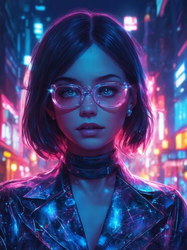 A neon-lit cityscape at dusk, where a cyberpunk girl with piercing gaze wears clear glasses that refract the golden ratio-inspired patterns on her outfit. Shot in 32K UHD, this digital painting masterpiece features intricate details and smooth shading. The subject's face is sharply focused, with eyes that seem to sparkle like stars. Soft light leaks and subsurface scattering create a sense of depth, while rim lighting accentuates the character's features. A deep, vibrant background complements the neon hues, inviting the viewer into a world of fantasy and wonder.