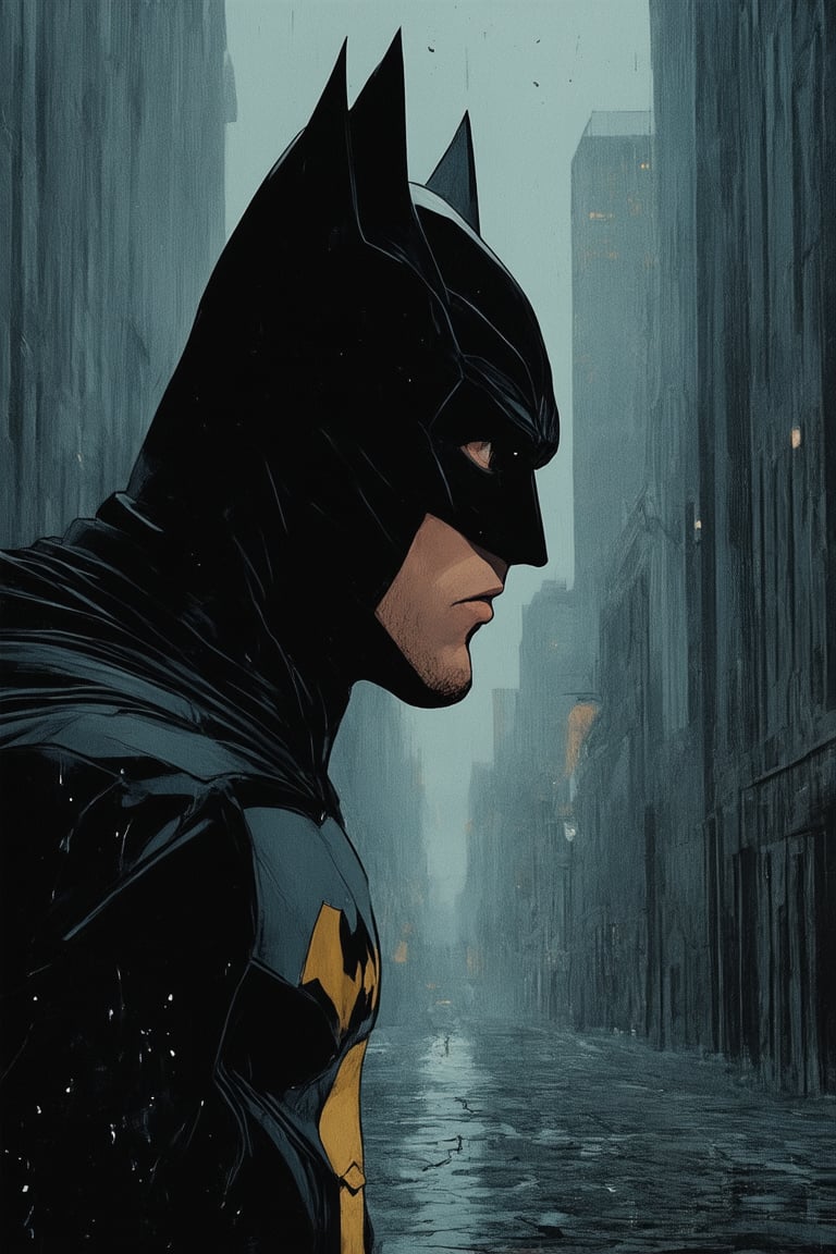 A dark and gritty DC Comics-inspired scene: A close-up shot of Batman's rugged profile, illuminated by the faint glow of the Bat-Signal reflecting off the wet Gotham City pavement. His eyes gleam with determination as he gazes out into the night, his sharp jawline set in a resolute expression. The city's towering skyscrapers loom in the background, shrouded in misty fog.