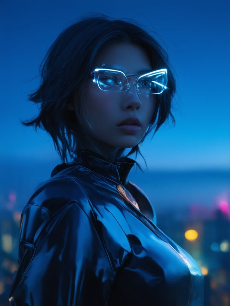 A mesmerizing cyberpunk girl stands against a deep, gradient-blue cityscape at dusk. She wears clear neon glasses that glow softly, casting an ethereal aura around her face. Her intricate, golden ratio-inspired outfit shimmers with metallic accents, while the background's vibrant complementary colors enhance the overall visual harmony. The subject's eyes and face are rendered in sharp focus, with detailed features that seem to leap off the 32K UHD canvas. Rim light and subsurface scattering create a sense of depth, as light leaks subtly illuminate the scene.