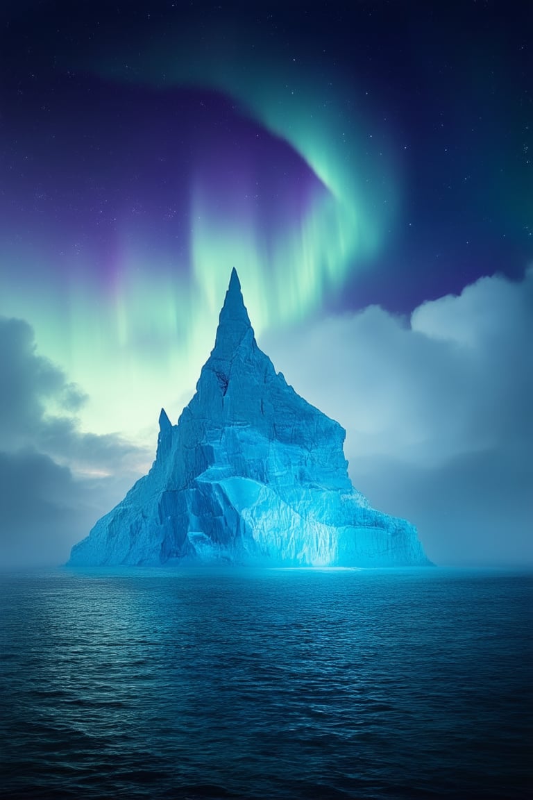 A majestic iceberg rises from a misty, cerulean ocean, its crystalline spires and caverns glowing with an ethereal blue light. The framing focuses on the iceberg's towering form, with the surrounding sea a deep shade of indigo. Softly lit by a distant aurora borealis, the scene is set against a backdrop of swirling clouds.