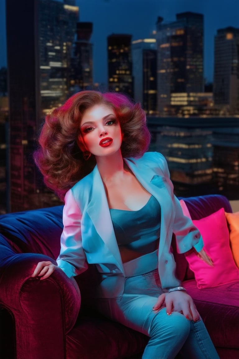 A neon-lit beauty lounges on a velvet couch, surrounded by retro accessories and a cityscape at dusk. She wears a bold, red lip and big hair, styled with volume and curls. A shoulder pad-adorned blazer and high-waisted jeans complete the 80s-inspired look, as she gazes directly at the camera with a confident smirk.