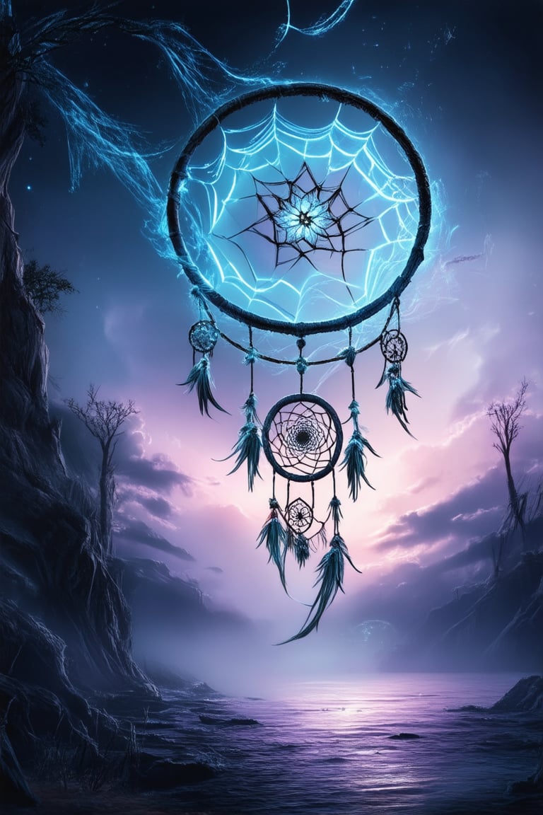 A surreal landscape where lucid dreams unfold: a dreamcatcher's web glows softly in the dimly lit background, as the subject, wrapped in ethereal mist, levitates amidst swirling clouds of purple and blue hues. The atmosphere is heavy with the weight of subconscious whispers.