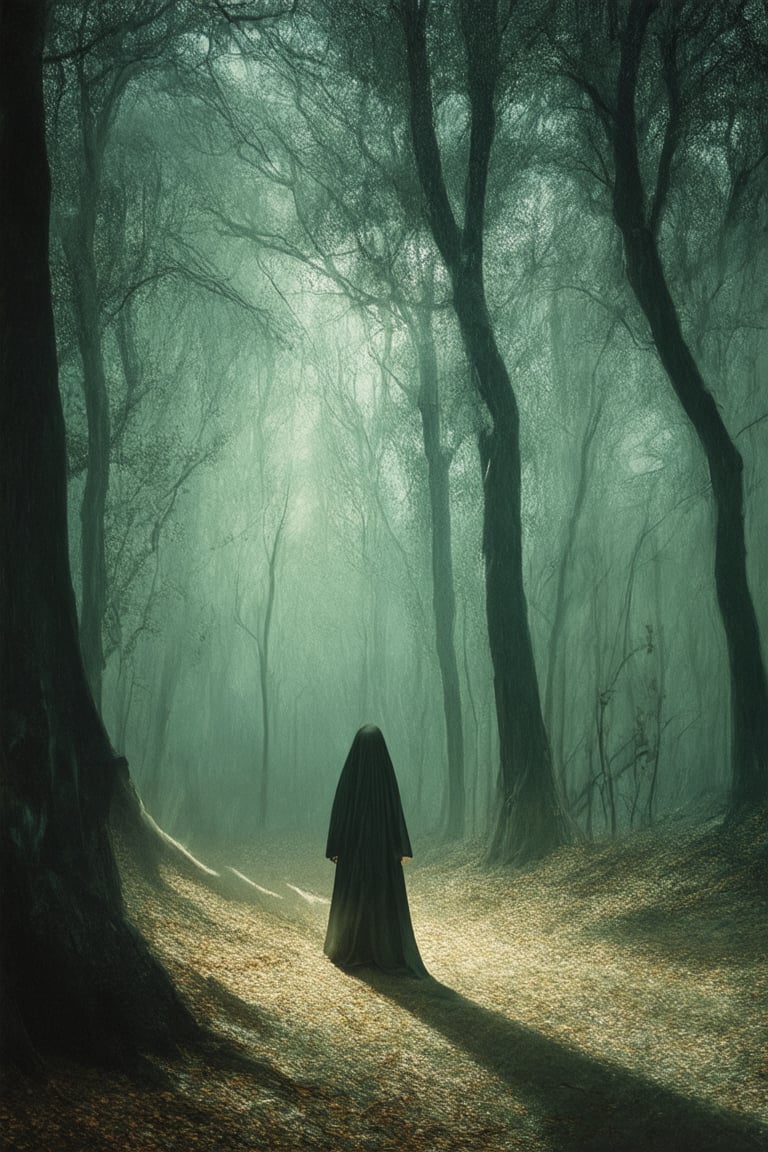 In a dimly lit, mystical forest, a figure shrouded in darkness stands at the edge of a clearing. The air is heavy with the scent of damp earth and decaying leaves. A faint, eerie glow emanates from the subject's hands, illuminating their face and casting long shadows across the forest floor.