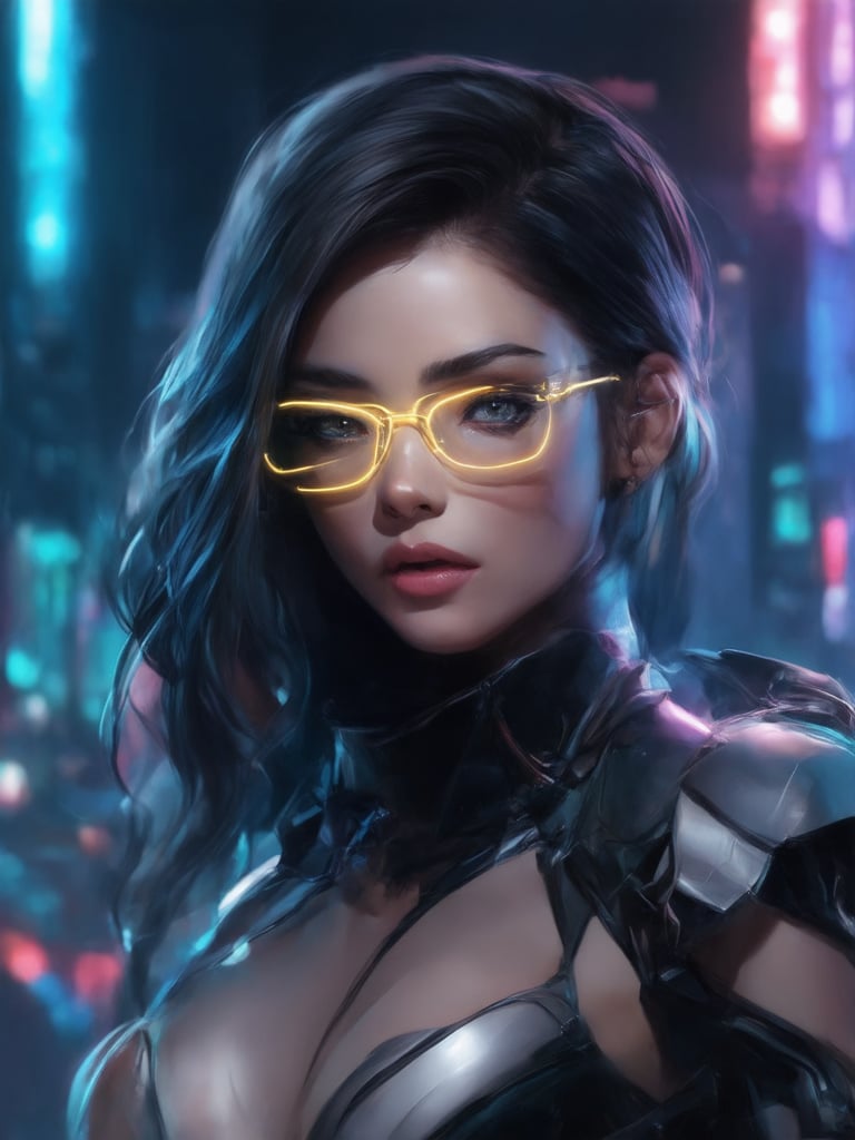 A cyberpunk beauty in a futuristic setting, wearing clear neon glasses that glow with an otherworldly intensity. Golden ratio details adorn her intricate costume, set against a decadent backdrop of sleek cityscapes. The 32K UHD illustration is a masterpiece, featuring sharp focus and smooth textures. Her face, with detailed eyes and skin, shines like a beacon in the vibrant, complementary colors of the digital painting. Light leaks and subsurface scattering create a captivating ambiance, while rim light accentuates her features. In the distance, a deep background beckons, as she stands poised for action. (Art by Artgerm, Loish, or Wlop)