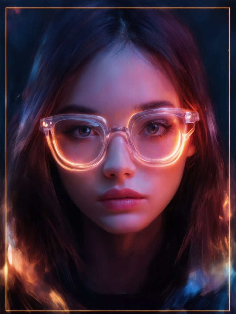 A cyberpunk girl with clear neon glasses gazes directly into the camera lens. The composition is framed by a subtle golden ratio guideline, guiding the viewer's attention to her intricate, decadent, and highly detailed features. Set against a deep, vibrant background, her smooth, sharply focused face and detailed eyes take center stage. Artfully lit with rim light, subsurface scattering, and soft light leaks, the scene radiates warmth, charm, and upliftment. The result is a stunning digital painting worthy of Artgerm or Loish's masterpieces, presented in breathtaking 32k UHD resolution.