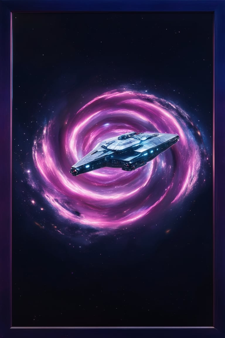 A futuristic spacecraft hovers in a swirling pink vortex, its metallic surface glistening with iridescent sheen. Framed by a dark blue void, the ship's angular silhouette is illuminated by soft, pulsing lights that dance across its surface. In the background, stars and galaxies twinkle like diamonds against a deep purple sky.