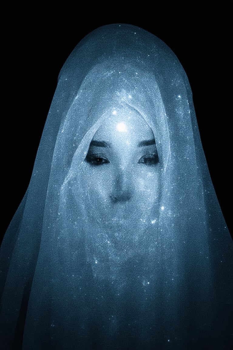 A hauntingly beautiful image: a mysterious figure shrouded in darkness, yet radiates an otherworldly allure. The camera captures a tight shot, framing the subject's enigmatic face with bold shadows. Soft, eerie lighting casts an ethereal glow, as if moonbeams danced across the darkened landscape. The subject's pose is one of quiet contemplation, eyes gleaming like stars in the night sky, set against a backdrop of velvety blackness.