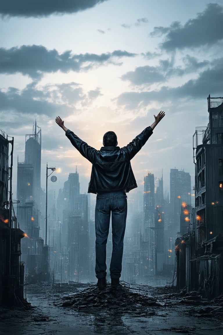 A surreal cityscape at dusk, with misty fog rolling in, as a lone figure, dressed in worn denim and faded leather jacket, stands atop a crumbling skyscraper, arms outstretched to the swirling clouds, while below, neon lights of abandoned buildings flicker like fireflies.