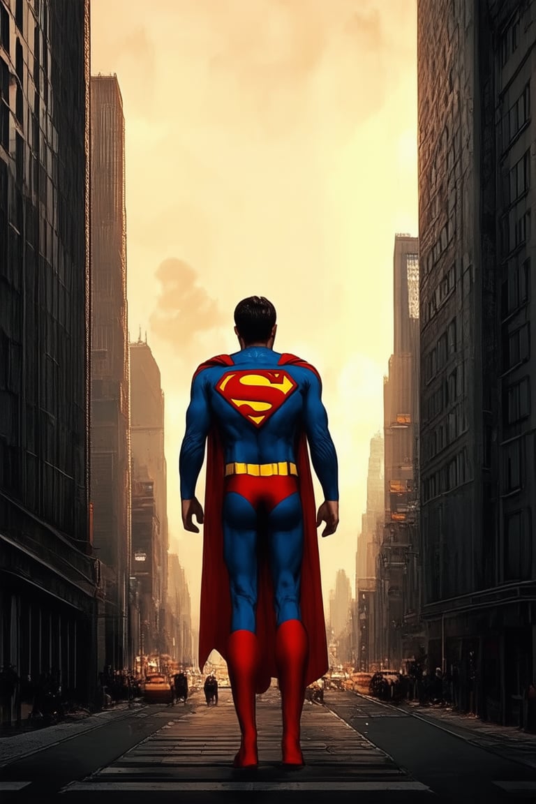 A dark and gritty cityscape at dusk, with towering skyscrapers and bustling streets. A lone figure of Superman stands tall, his iconic red and blue suit a beacon of hope amidst the urban chaos. The Man of Steel's powerful pose commands attention, as he gazes out upon the city, ready to defend its citizens from harm.