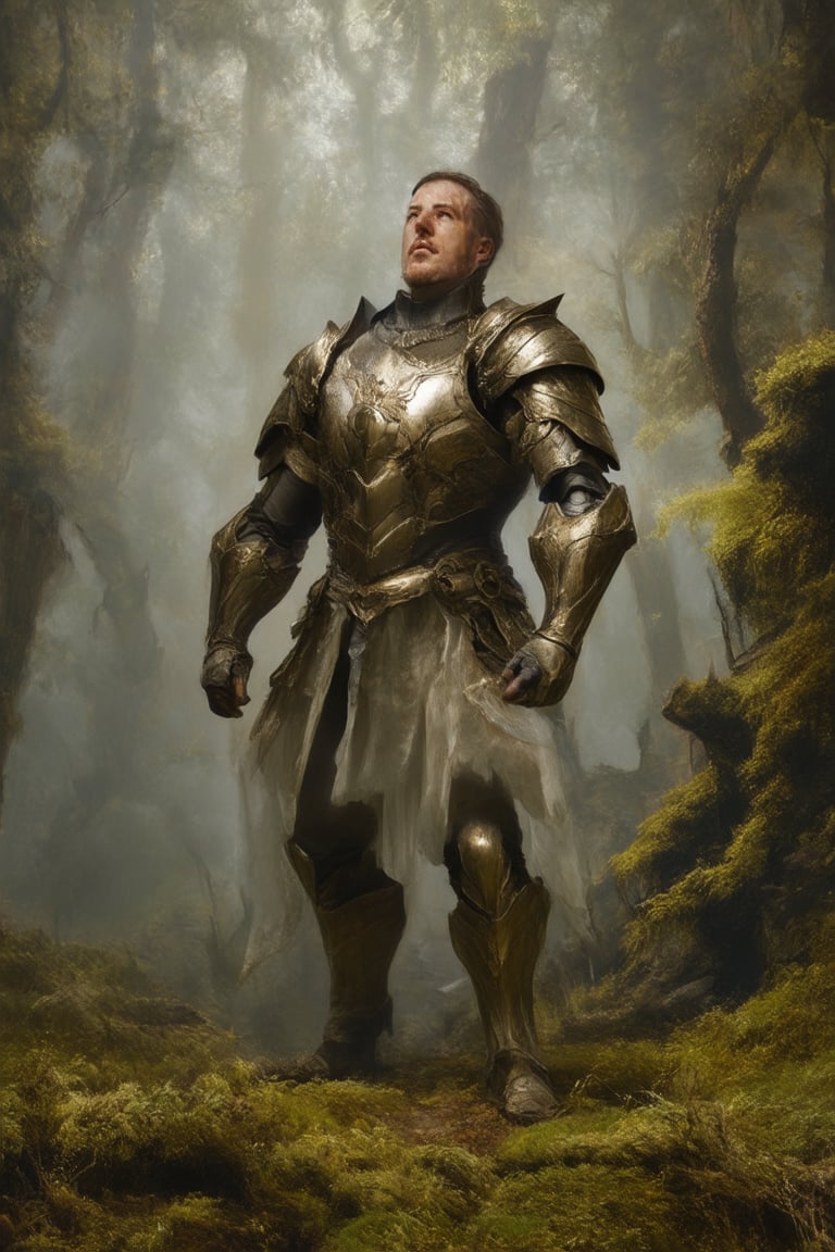 Epic fantasy scene: A legendary figure stands proudly in a misty forest clearing, surrounded by ancient trees and glowing moss. The hero's armor glistens with subtle lighting effects, framing their powerful pose as they gaze upward at the mystical energy swirling above. The landscape fades into a warm, golden background, evoking a sense of timeless wisdom.