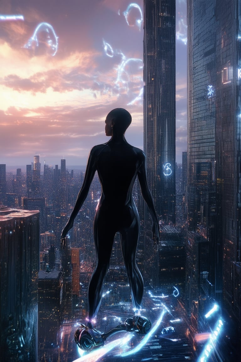 A futuristic cityscape at sunset, with holographic projections dancing across the towering skyscrapers. In the foreground, a lone figure in a sleek black jumpsuit stands atop a sleek hoverboard, gazing up at the swirling lights as they weave and pulse around her. The sky is ablaze with oranges and pinks, casting a warm glow on the scene.