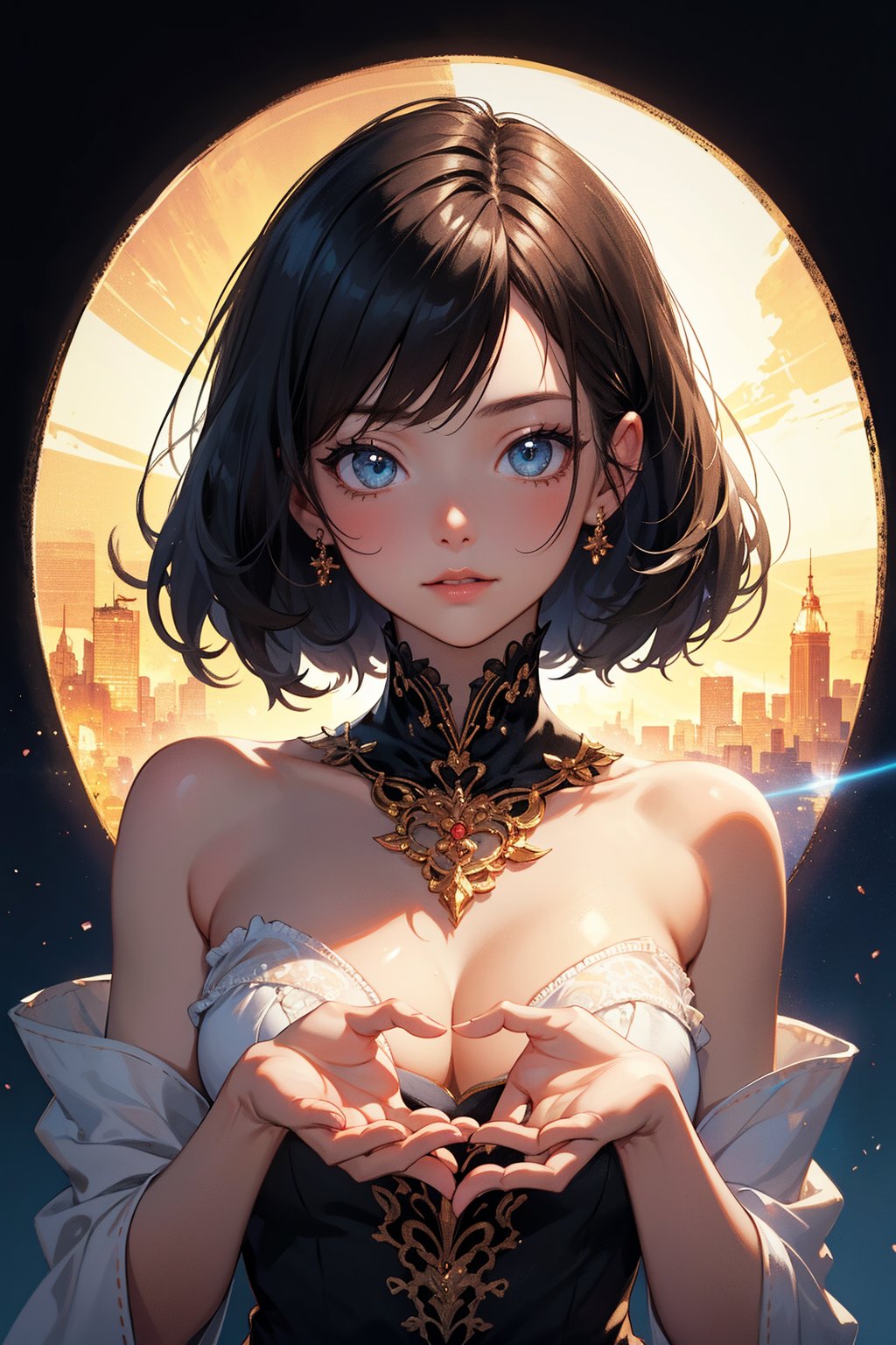 A surreal masterpiece of a girl's captivating portrait, radiating cuteness from within. In a tight, close-up framing, her delicate features are illuminated by soft, dreamy light. Her hands form a 'V' shape, as if embracing the viewer, with intricate details on her skin and attire that draw the eye deeper into this enchanting scene.