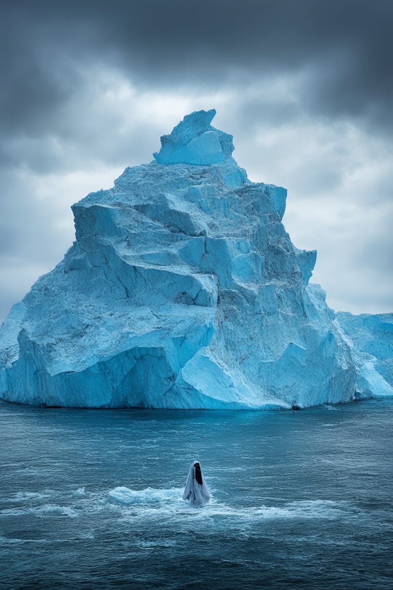 A majestic iceberg rises from the misty veil of a mystical realm, its crystalline surface glistening with an otherworldly light. The framing features a subtle horizon line, where the icy giant meets the wispy clouds. Soft, ethereal lighting casts a dreamy ambiance, while the composition emphasizes the iceberg's towering presence. In the foreground, a lone figure in flowing robes stands at attention, eyes fixed on the behemoth, as if paying homage to its ancient power.