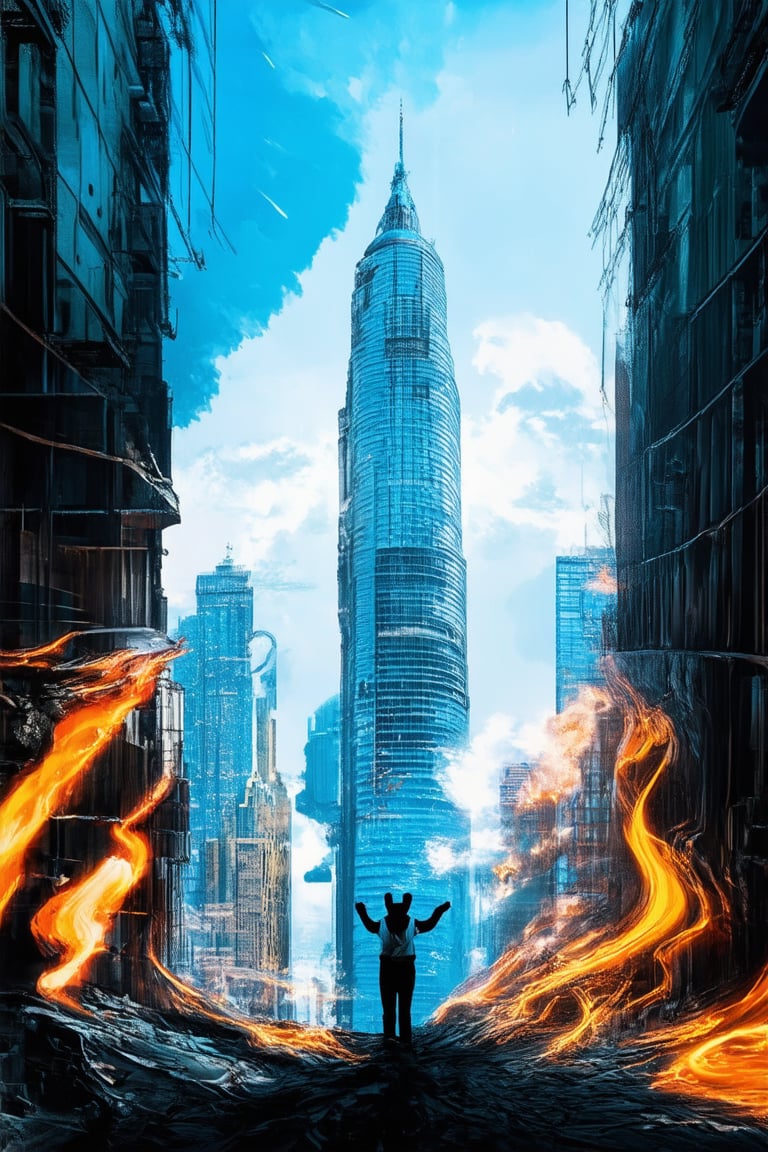 A surreal dreamscape unfolds: A cityscape's towering skyscrapers dissolve into a kaleidoscope of swirling colors, as if reality itself is unraveling. In the foreground, a lone figure stands atop a crumbling building, arms outstretched to grasp the ephemeral clouds, their face a mask of wonder and trepidation.