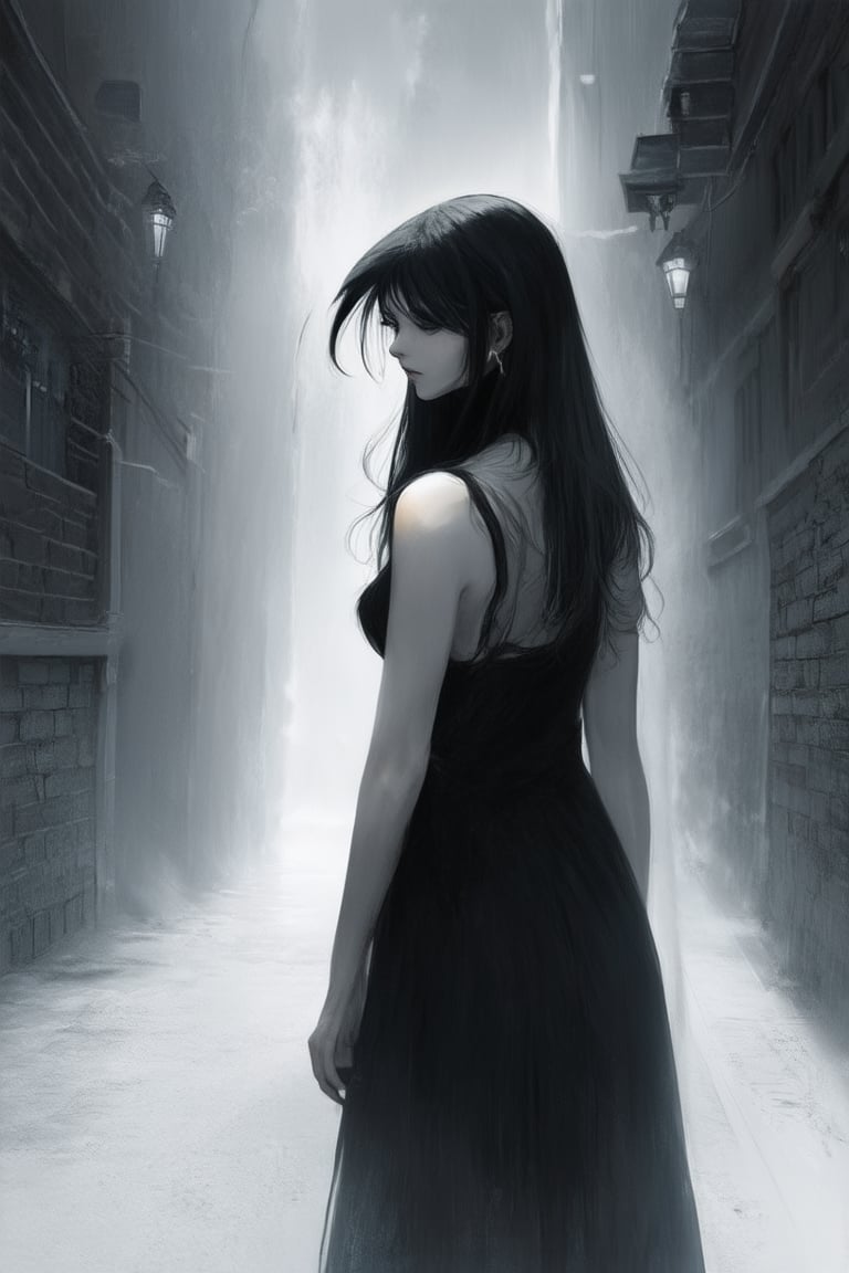 A mysterious woman stands in a dimly lit alleyway, her porcelain skin illuminated only by the faint glow of distant streetlights. Her raven hair cascades down her back like a waterfall of darkness, and her eyes gleam with an otherworldly beauty. The air is heavy with secrets and shadows.