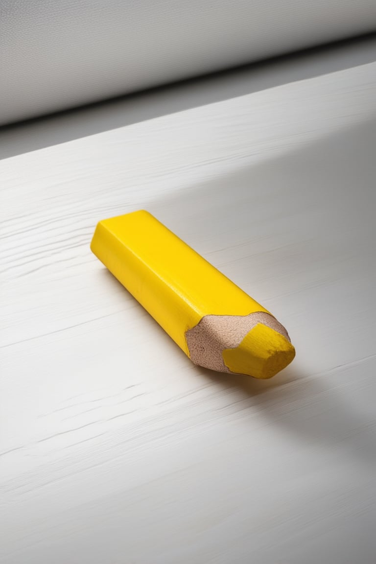 A close-up shot of a bright yellow crayon lying on a clean white desk, with a subtle gradient of light reflecting off its surface. The crayon's vibrant hue is the focal point, surrounded by a minimalist composition. Softbox lighting creates a warm glow, casting a slight shadow underneath.