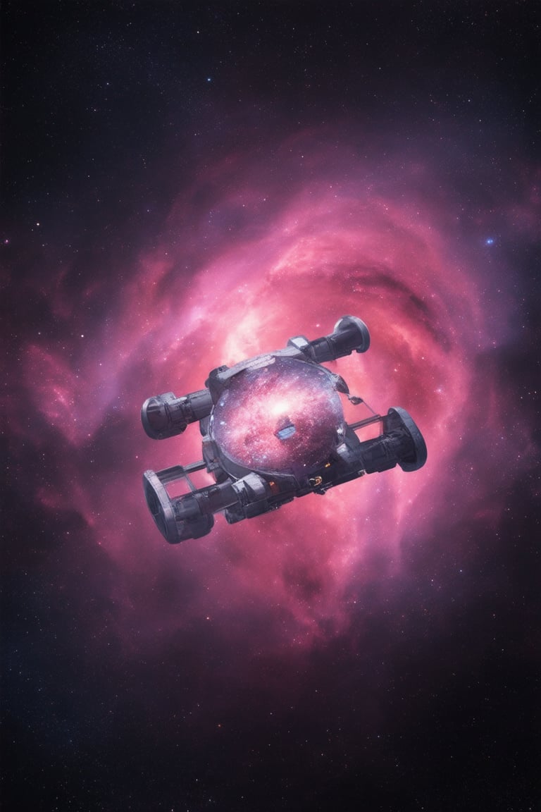 A futuristic spacecraft hurtles through a pink-hued nebula, its sleek metallic body glowing with an otherworldly sheen against a backdrop of swirling cosmic dust. Soft, warm light emanates from within the vessel, casting a gentle glow on the surrounding stars and planets. The composition is framed by the curvature of the spacecraft's windows, showcasing the breathtaking beauty of the pink-tinged galaxy.