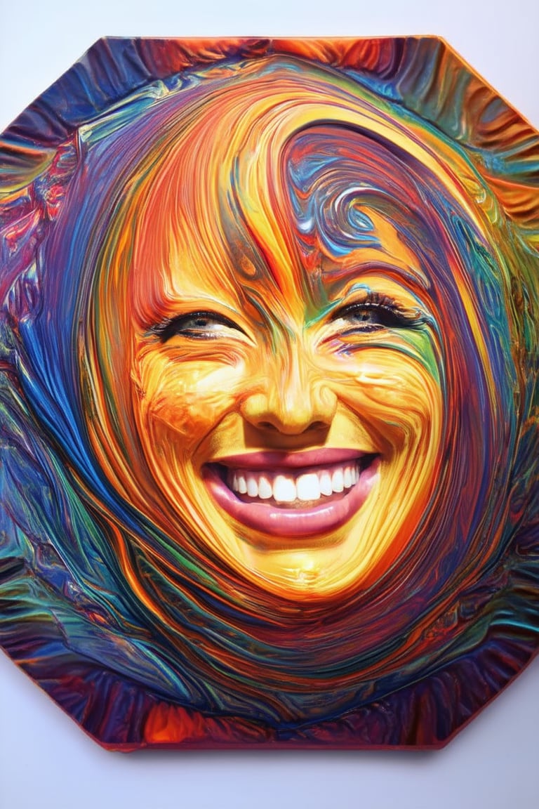 A vibrant, three-dimensional portrait of a smiling face with swirling colors, like a mesmerizing kaleidoscope. Soft, rounded edges and intricate details bring the subject to life, set against a bright white background that accentuates the colorful hues. The eyes sparkle with warmth and friendliness.