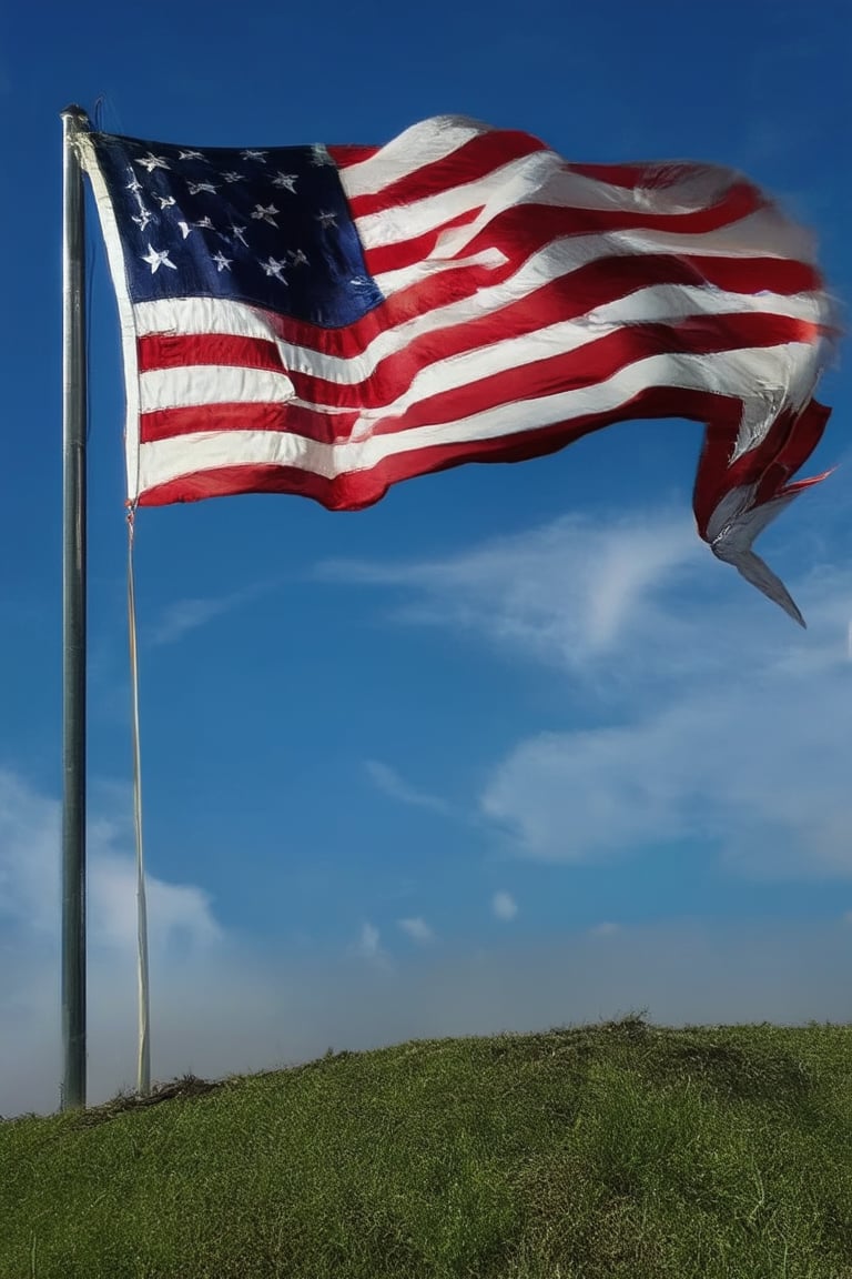 A majestic American flag waving proudly in the wind, against a bright blue sky with only a few wispy white clouds scattered across it, the stars and stripes glistening in the warm sunlight. The flag stands tall on a grassy hillside, surrounded by lush greenery and a faint misty haze, the American soil beneath it bearing the scars of history's battles.