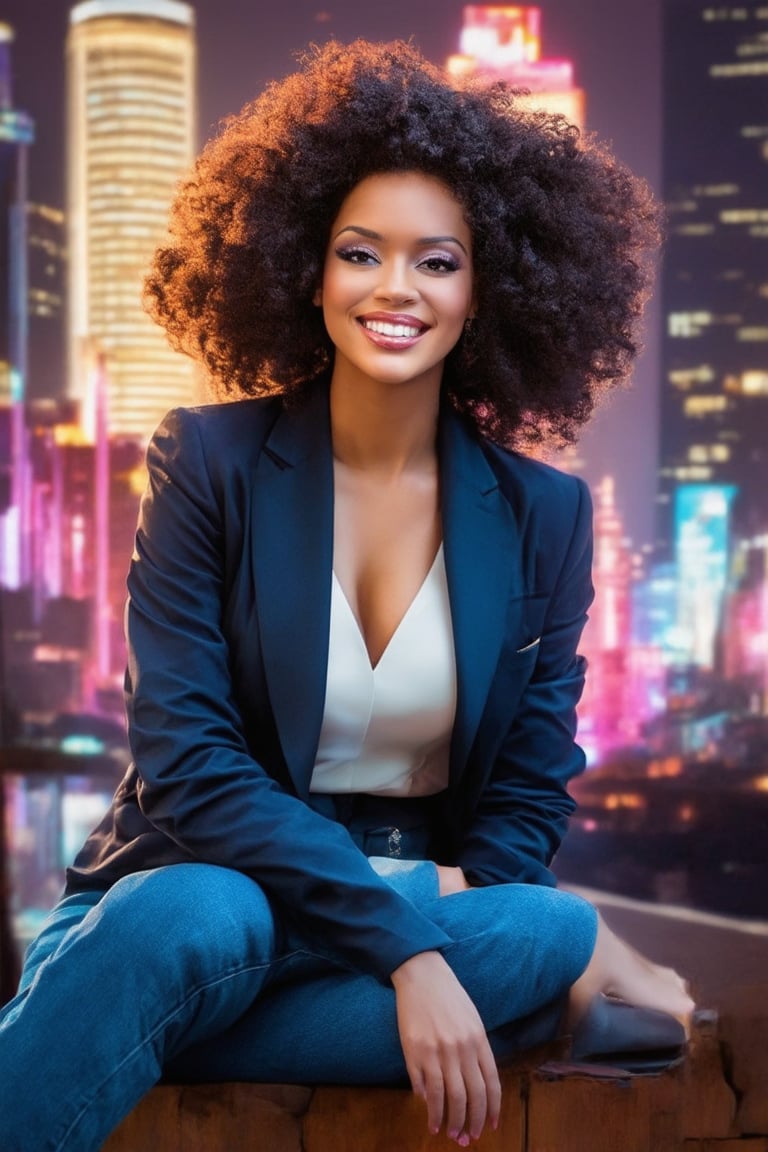 A sultry 80s-inspired beauty portrait: A stunning woman with big hair, bold makeup, and a bright smile sits confidently in front of a neon-lit cityscape. She wears a fitted, shoulder-padded blazer, high-waisted skinny jeans, and statement accessories. The warm glow of the setting sun casts a flattering light on her features, while the vibrant colors of the cityscape create a lively backdrop.