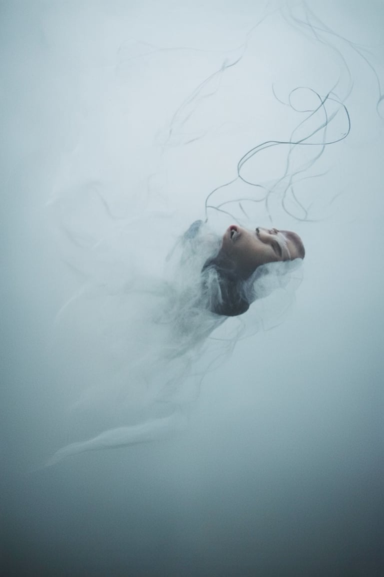 In a soft focus, ethereal mist envelops the subject as they float in mid-air, surrounded by delicate, swirling tendrils of vapor. The camera captures their dreamlike reverie from a low angle, looking up at them through a veil of diaphanous clouds, as if witnessing a private reverie.