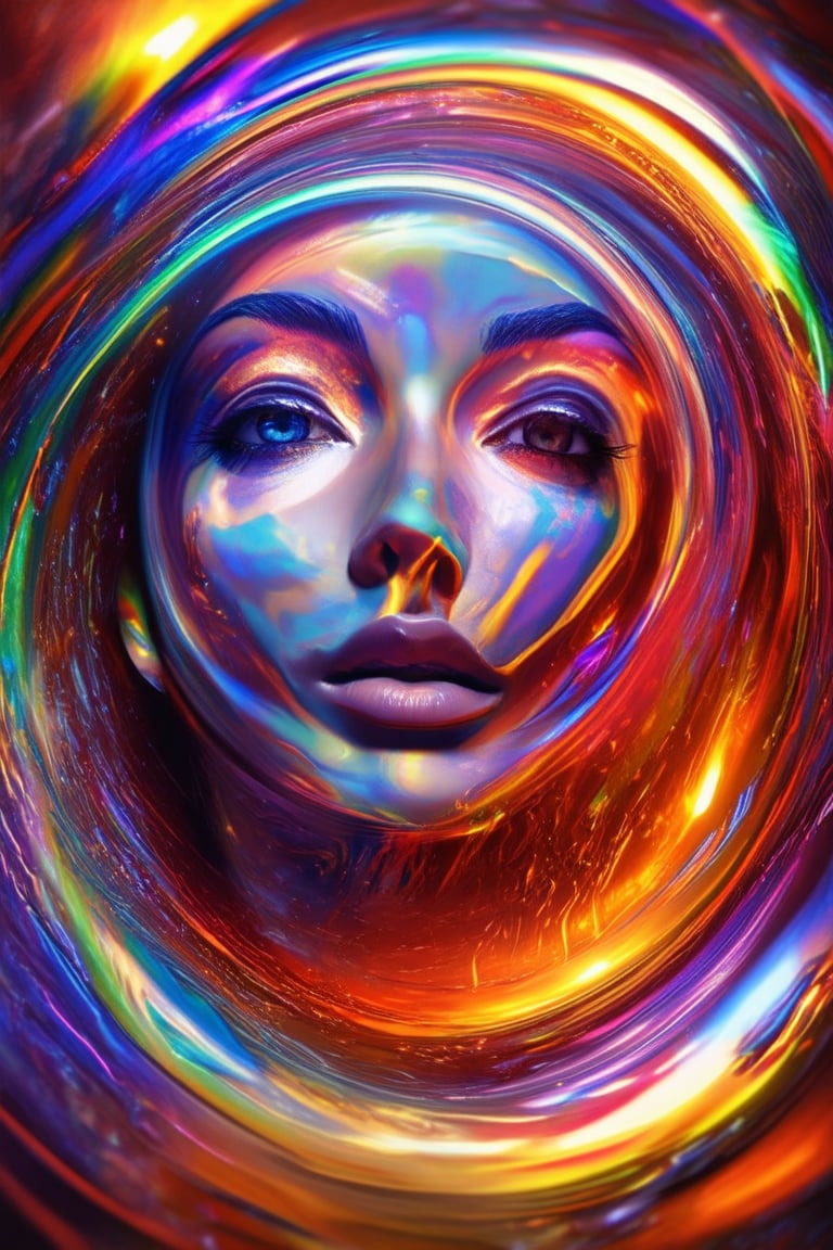 A vibrant 3D rendering of a colorful face, framed by a swirling vortex of bright hues. Softly lit from within, the facial features glow with an ethereal light, as if infused with an inner radiance. The subject's eyes sparkle like gemstones, surrounded by delicate, swirling patterns that dance across their skin.