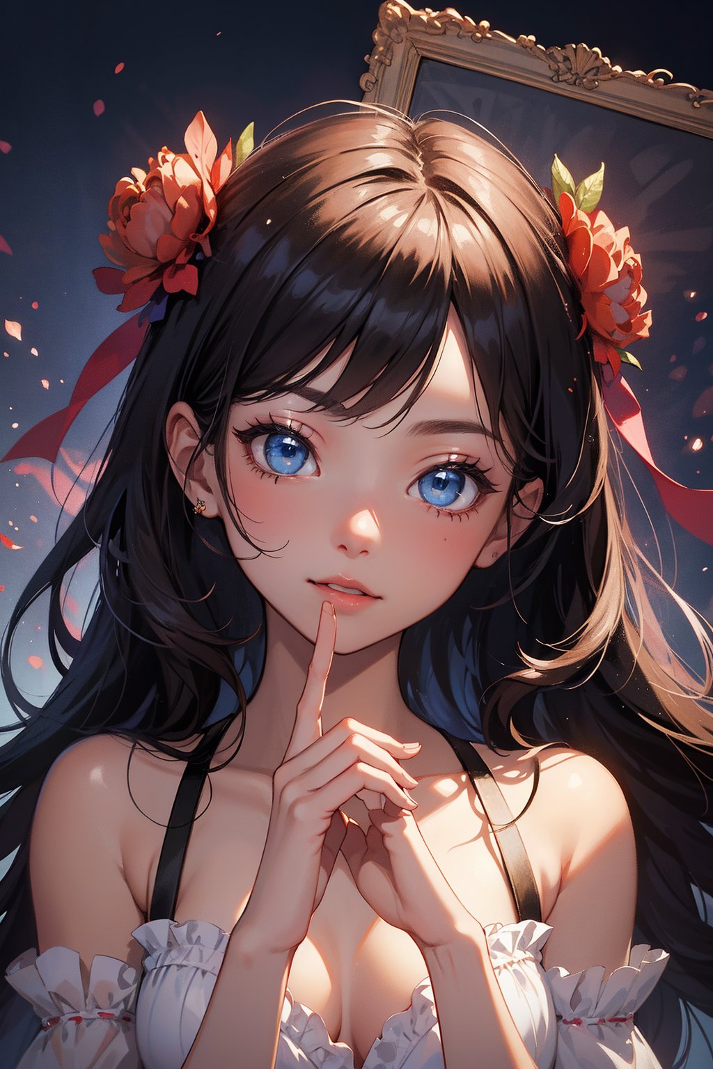 A masterpiece of surreal proportions, this captivating portrait features a single girl posed in a whimsical gesture, her delicate hands forming a 'V' shape as if beckoning the viewer into a dreamlike realm. The subject's face is framed by intricate details, with a focus on her enchanting features in a close-up composition that emphasizes her adorability.