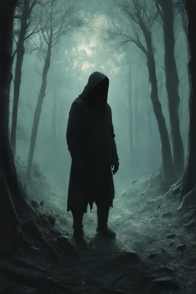 A mysterious scene unfolds in a dimly lit, eerie atmosphere. A figure shrouded in shadows stands at the edge of a vast, dark forest, illuminated only by a faint moonlight filtering through the trees. The subject's face is obscured, but their imposing stance conveys an air of calculated menace.