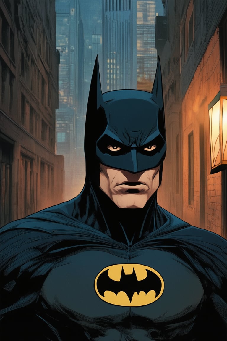 A dynamic superhero scene unfolds: a close-up shot of Batman's determined face, lit by a warm streetlamp in a dark alleyway, with Gotham City's towering skyscrapers looming in the background. His eyes gleam with intensity as he surveys his surroundings, fist clenched and ready for action.