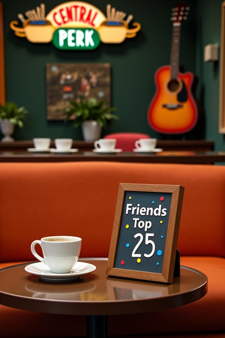 A cozy Central Perk café scene with the iconic orange couch in the foreground, surrounded by coffee cups, a guitar leaning against the wall, and the famous green Central Perk logo visible in the background. On the coffee table, a framed photo with "Friends Top 25" written in the same classic font as the Friends logo, with colorful dots between each letter, adds a familiar and nostalgic touch to the image.