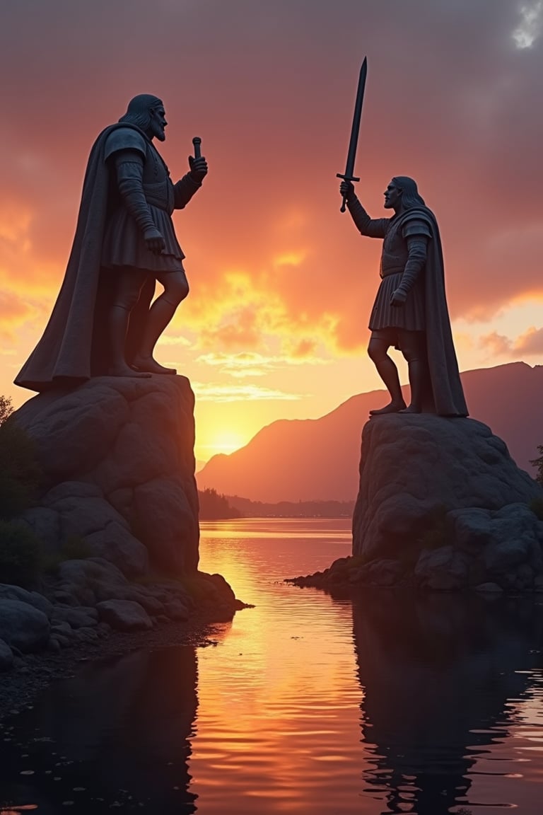  At sunset, the statues of William Wallace and Robert the Bruce loom over the Firth of Clyde 60 meters high, towering over the first of clyde a huge wide river, , their silhouettes against the orange and purple sky. Wallace's figure is carved with intricate detail, holding his sword aloft in a victorious pose, while Bruce's imposing figure stands ready with his weapon on the opposite bank. The reflection of the statues stretches across the water,huge mountaings and waterfalls stand in the backround, showing off the beauty of the Scottish Highlands