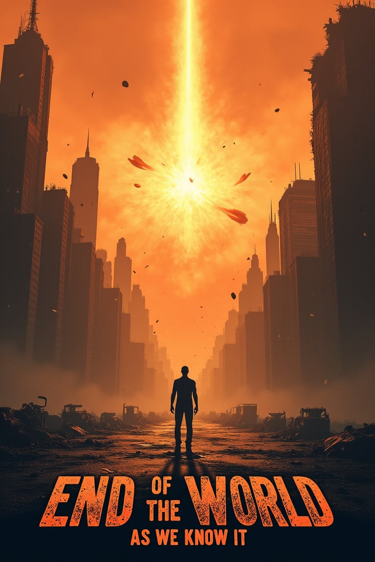 A desolate, post-apocalyptic cityscape with collapsed skyscrapers and abandoned streets. The sky is a fiery orange, filled with ash and smoke as meteors rain down, shattering what remains of human civilization. In the foreground, a lone figure stands in silhouette, gazing at the devastation. The text "End of the World as We Know It" is written in large, cracked, stone-like letters at the bottom, with debris and dust falling from the edges, as if the title itself is crumbling.
