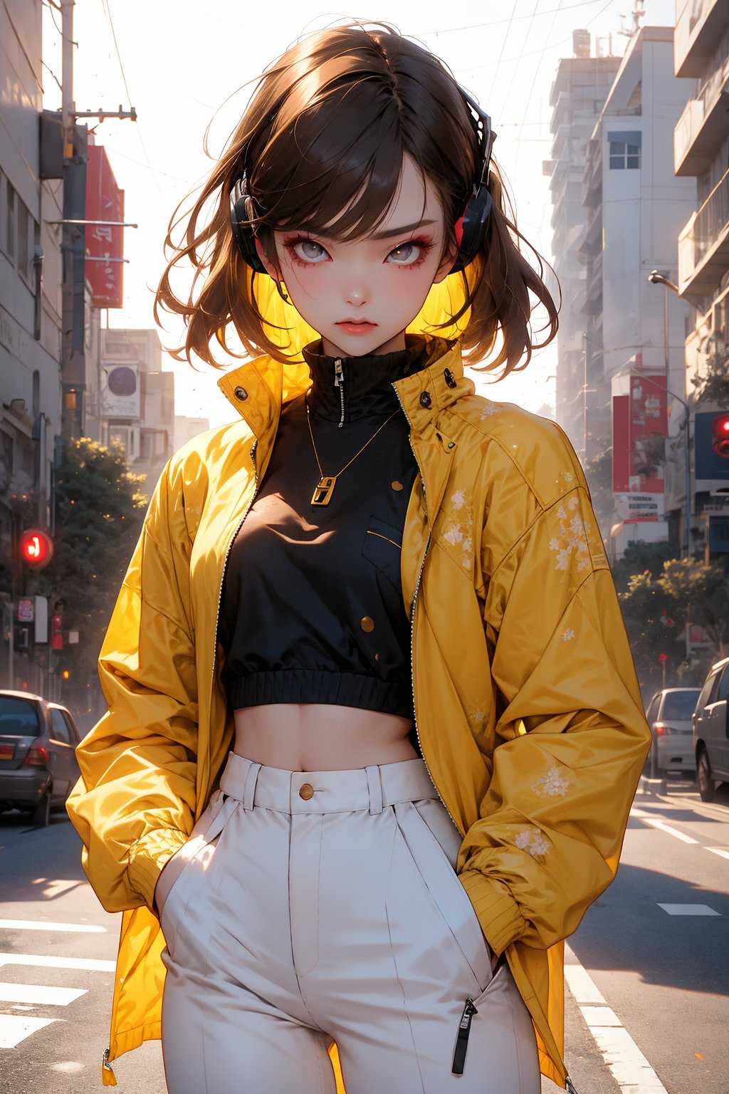 A stunning Korean K-pop beauty posing solo in a sun-kissed setting. She wears white baggy pants and a jacket from QT93, paired with a cropped top featuring Japanese classic art designs. Honey brown hair falls in straight bangs, framing her face. Her hands are tucked into the pockets of her windbreaker as she gazes off-camera. A Panasonic retro headset adds a touch of nostalgia to the scene. The soft glow of the setting sun casts a warm golden light on her stylish makeup and fashion hairstyle, with short layers adding volume. Lomography's 66mm film captures the moment in vibrant colors, with faded film textures giving the image a nostalgic charm.