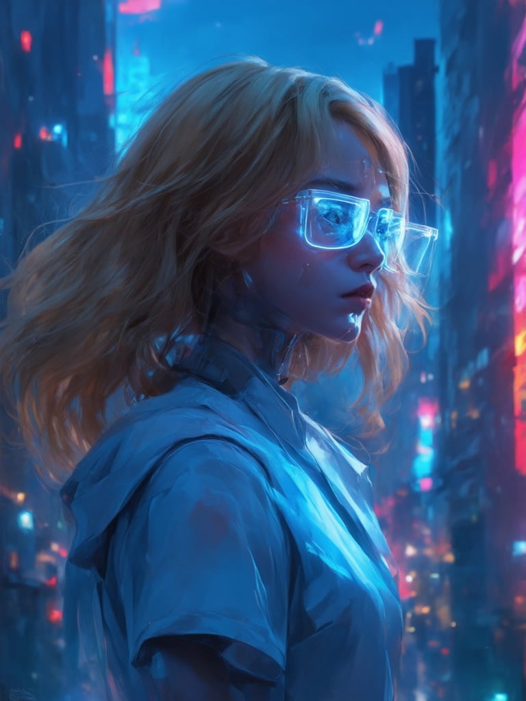 A cyberpunk girl stands amidst a dystopian metropolis at dusk, wearing clear neon glasses that glow with an ethereal blue light. Her golden hair cascades like honeyed waves down her back, framing her face as she gazes out into the distance. Intricate details dance across her intricate, decadent cybernetic implants, shimmering in the soft, sharp focus of the 32k UHD digital painting. The scene is bathed in a warm, heartwarming light, with subtle light leaks and subsurface scattering adding depth to the rim-lit figure. In the background, a vibrant cityscape stretches out, its complementary colors popping against the cyberpunk girl's striking features, all set against a deep, richly detailed digital canvas that rivals an Artgerm or Loish masterpiece on ArtStation.