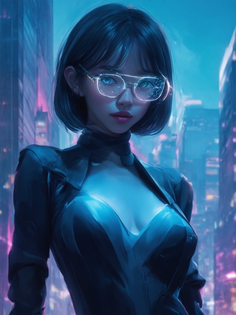 A cyberpunk girl stands out against a neon-lit cityscape at dusk, wearing clear glasses that glow with an otherworldly aura. Golden ratio details adorn her intricate outfit, as she poses confidently in front of a towering skyscraper. In the 32k UHD digital painting, every aspect shines: detailed eyes sparkle like diamonds, and her face is a masterpiece of subtle expression. Light leaks and subsurface scattering create a mesmerizing effect, with rim light accentuating her features. The background hums with vibrant complementary colors, while sharp focus brings every element into stunning relief.