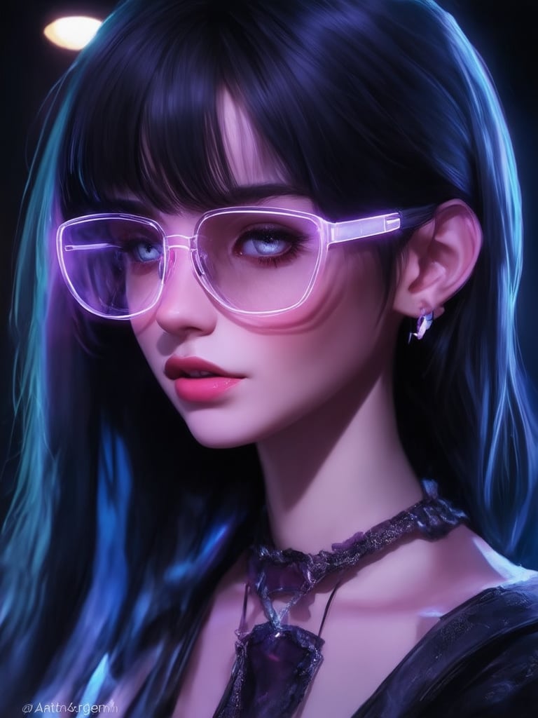 Similar graph, a cyberpunk girl, Wear clear neon glasses, cyberpunk., golden ratio details, 32k uhd, fantasy, cyberpunk, intricate, decadent, highly detailed, digital painting, ever after high, octane render, artstation, concept art, smooth, sharp focus, illustration, art by artgerm, loish, wlop. (heartwarming, uplifting, charming), (UHD, masterpiece, detailed eyes, detailed face, highest quality), (light leaks, subsurface scattering, rim light, beautiful lighting and shading, deep background, vibrant complementary colors, sharp focus)