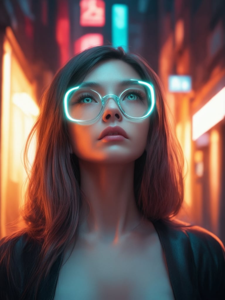 In a neon-lit alleyway, a cyberpunk girl gazes upwards with piercing green eyes. Clear neon glasses frame her gaze, reflecting the city's vibrant hues. Her face is an intricate masterpiece of golden ratio proportions, with delicate features and high definition. The background glows with light leaks, subsurface scattering, and rim lighting, creating a warm atmosphere. Sharp focus on her face brings out every detail, from her luscious hair to her detailed eyes. (Octane Render)