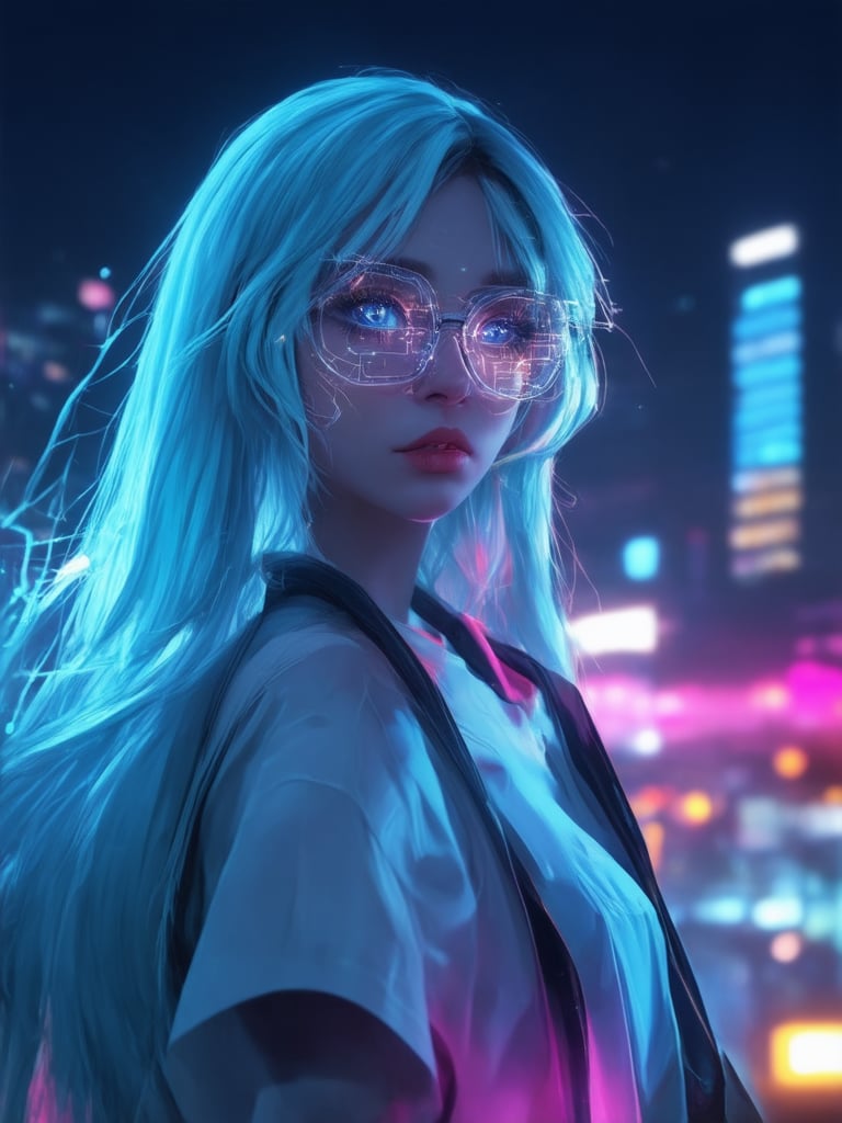 A cyberpunk girl stands against a neon-lit cityscape at dusk. She wears clear glasses with intricate circuits and golden ratio-inspired patterns. Her long hair flows like digital code, rendered in 32k UHD. The scene is bathed in warm lighting, with subtle light leaks and rim lighting accentuating her features. Subsurface scattering adds depth to her face, while vibrant complementary colors pop against the deep background. Her eyes, a masterpiece of detailed shading, sparkle with an otherworldly glow.