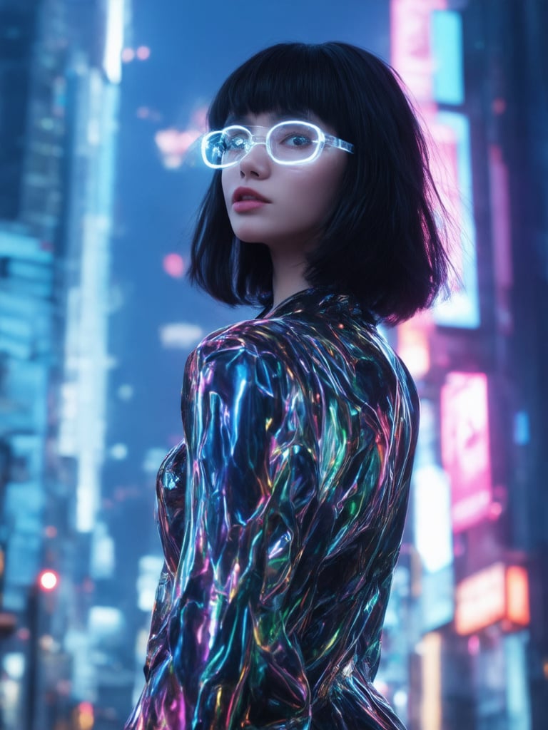 A cyberpunk girl with clear neon glasses, standing amidst a futuristic cityscape. Her long, flowing hair is styled in a messy bob, framing her striking features. The camera is positioned at a 45-degree angle, emphasizing the golden ratio of her facial structure. In a burst of vibrant colors, she wears a metallic jumpsuit with intricate, swirling patterns that seem to pulse with energy.

In the background, towering skyscrapers and neon-lit billboards create a sense of depth and dimensionality. The lighting is warm and inviting, with subtle light leaks and subsurface scattering adding an air of authenticity. Her eyes, with their detailed pupils and irises, sparkle like diamonds in the rim light, drawing the viewer's attention.

The overall composition is smooth and refined, with sharp focus on the subject. The background is blurred, allowing her to take center stage. As she gazes out into the distance, her expression is one of quiet contemplation, as if lost in thought.