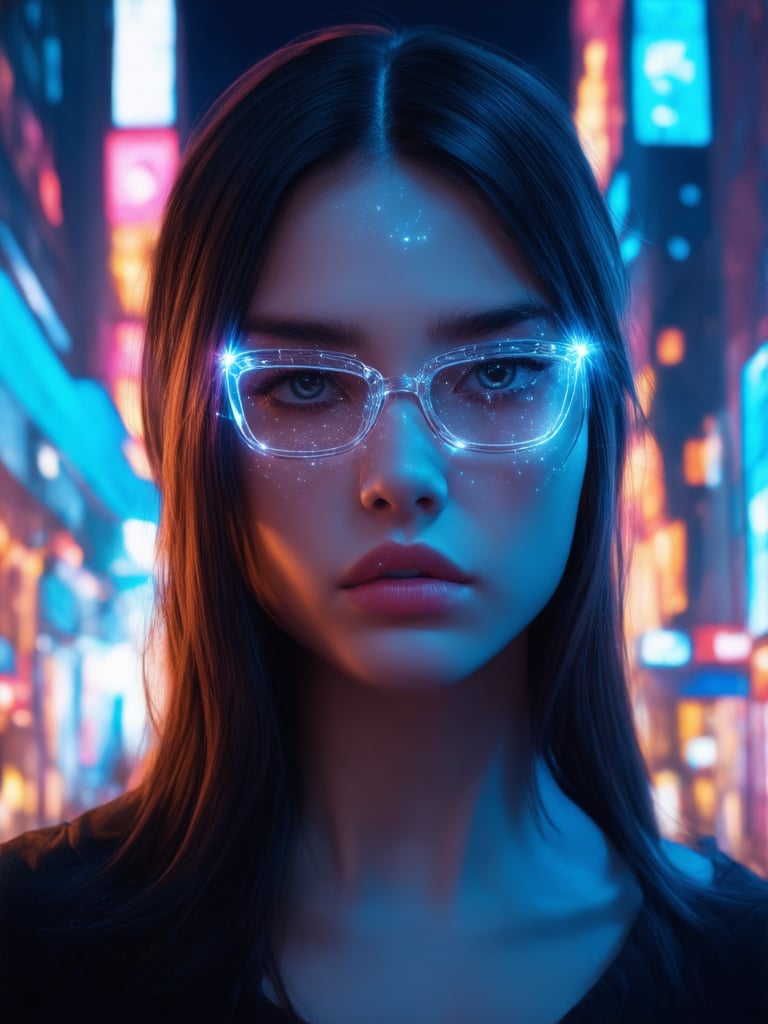 In a neon-lit cyberpunk cityscape, a captivating girl with clear glasses that glow like stars in the night sky. Her gaze is mesmerizing, framed by intricate, decadent details that adhere to the golden ratio. Rendered in stunning 32k UHD, her face is a masterpiece of smooth, sharp focus and detailed eyes. The scene is bathed in beautiful lighting and shading, with subtle light leaks and subsurface scattering. Rim lights dance across her features, set against a deep, vibrant background.