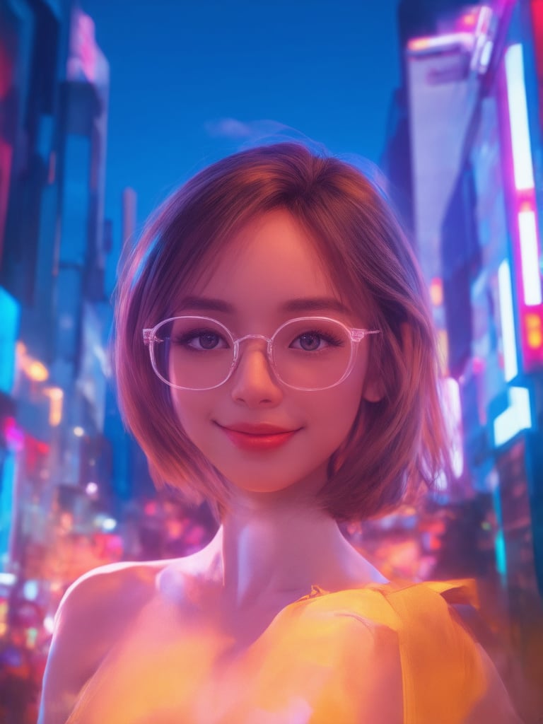 In a neon-drenched cyberpunk cityscape, a captivating girl with clear glasses shines bright. Framed against a gradient blue sky, she poses confidently, her golden-ratio-posed body adorned with intricate details. UHD rendering captures every nuance: 32k resolution, smooth and sharp focus. Her face, a masterpiece of detailed eyes and features, glows with warmth. Light leaks and subsurface scattering create a stunning ambiance, while rim light accentuates her features. Vibrant complementary colors pop against the deep background, setting off her charming smile.