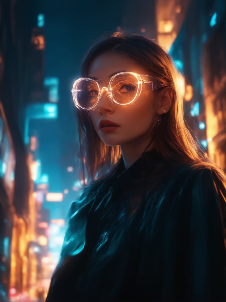 A cyberpunk beauty wearing clear neon glasses stands amidst a futuristic cityscape, bathed in warm golden light. Her intricate details are showcased in stunning 32k UHD, with smooth, sharp focus on her face. Golden ratio principles guide the composition as she gazes into the distance, surrounded by vibrant complementary colors and deep background. Light leaks and subsurface scattering add depth, while rim lighting accentuates her features. The result is a masterpiece of digital painting, reminiscent of Artgerm's and Loish's signature styles.