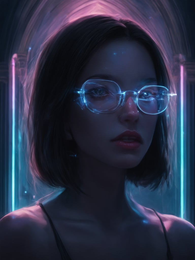 A cyberpunk beauty donning clear neon glasses, set against a richly detailed backdrop of golden ratio-inspired architecture. Soft, warm light spills across her intricate features, accentuating the smooth curves of her face. Her eyes sparkle like stars in the night sky, with deep, shimmering pupils that seem to hold a secret. The background hums with vibrant complementary colors, as if neon tubes pulse beneath the surface. Lighting and shading create an ever-changing dance of light leaks and subsurface scattering, casting a magical glow. Sharp focus ensures every intricate detail stands out, from the delicate curves of her ear to the subtle sheen on her cybernetic implants. This is a masterpiece, a digital painting that defies reality, transporting us to a world where fantasy and science fiction blur into a mesmerizing whole.