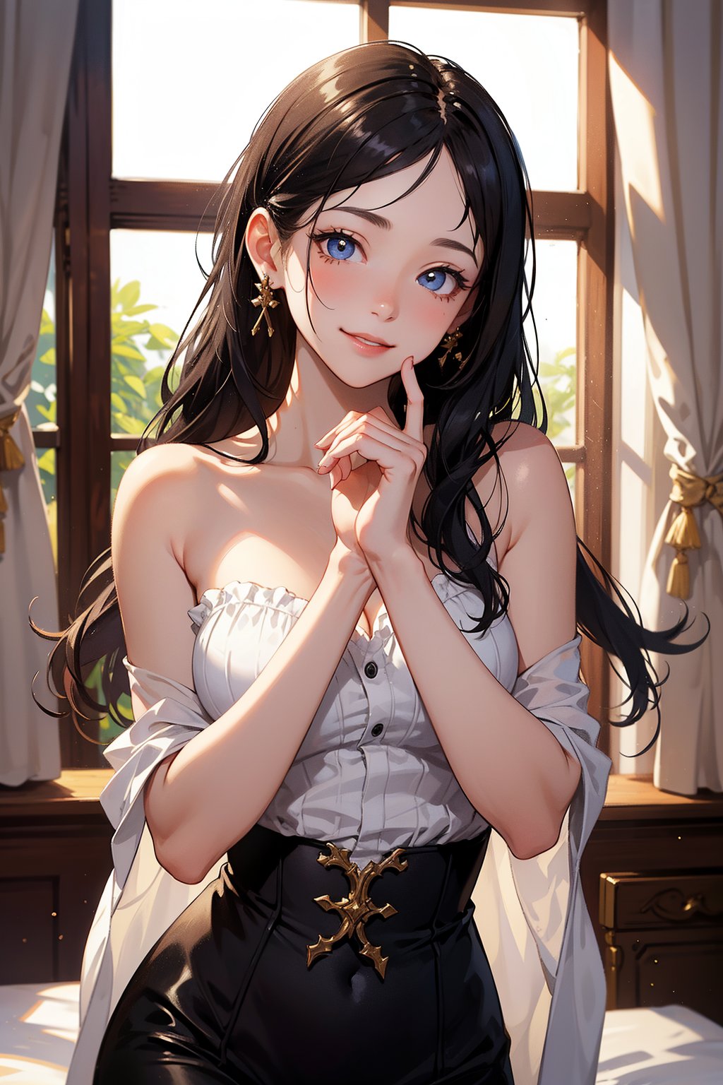 A surreal masterpiece of a young girl posing with an enigmatic smile, her features rendered in exquisite detail against a soft, dreamlike background. Her delicate fingers form a 'V' shape in front of her face, a gesture of innocence and curiosity. The lighting is warm and inviting, casting a gentle glow on the subject's porcelain skin.