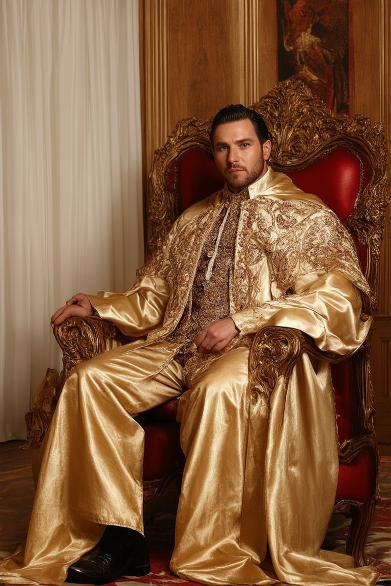 A regal portrait of a legendary figure in a classic setting: a warm, golden-lit throne room with rich wood paneling and ornate tapestries. The subject sits proudly on the throne, dressed in majestic attire with intricate embroidery and a flowing cape. Their eyes gleam with wisdom and authority as they gaze directly into the camera, their iconic legend unfolding like a scroll behind them.