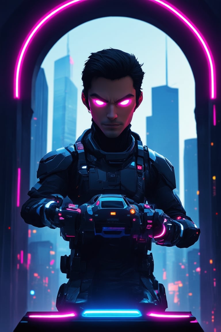 A futuristic gamer perched on a sleek console, surrounded by holographic interfaces and vibrant LED lights. The character's eyes gleam with intensity as they focus on the virtual battlefield. A neon-lit cityscape serves as the backdrop, with towering skyscrapers and flying cars zipping by. Framed by a dramatic archway, the gamer's pose exudes confidence and determination.