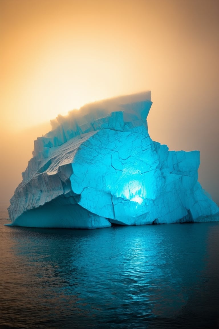 A majestic iceberg rises from the mystical waters, its crystalline structure glowing with an ethereal blue light amidst a swirling vortex of iridescent mist. The camera captures a low-angle shot, emphasizing the iceberg's towering presence against the darkened horizon. Soft, golden lighting illuminates the surrounding fog, casting an otherworldly glow.