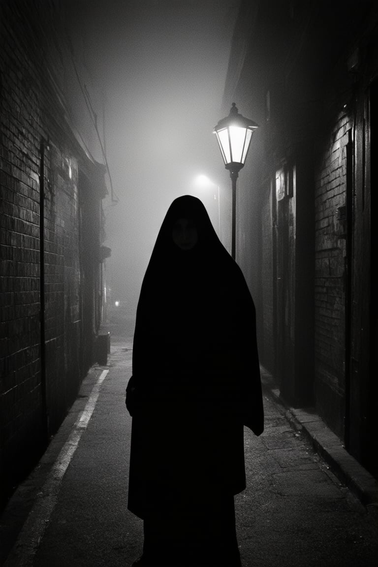 A hauntingly beautiful image unfolds: a mysterious figure stands alone in a dimly lit alleyway, shrouded in darkness. The subject's features are obscured by a veil of shadows, save for their piercing gaze that seems to pierce through the gloom. The air is heavy with foreboding as the only illumination comes from a solitary streetlamp casting long, ominous silhouettes across the pavement.