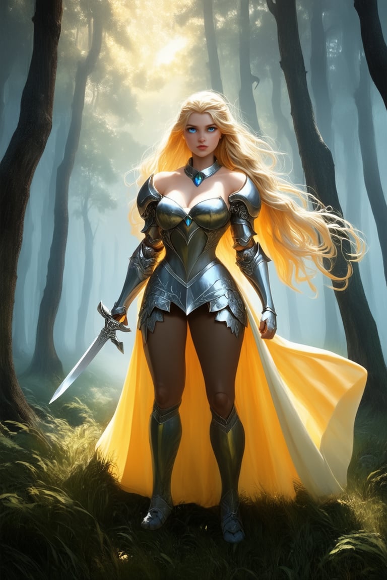 A majestic warrior princess stands regally in a lush, misty forest, her long blonde hair flowing like golden silk in the soft morning light. Her armor shines with a radiant sheen, adorned with intricate gemstones that glint like stars. With sword held high, she gazes confidently into the distance, her piercing blue eyes flashing determination and courage.